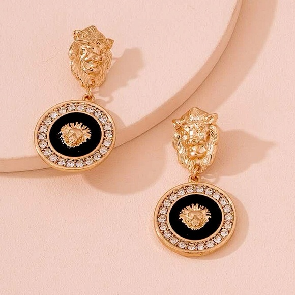 Vintage 90s Style Gold Lion White Zircon Black Lacquer Statement Earrings - Picture 12 of 12